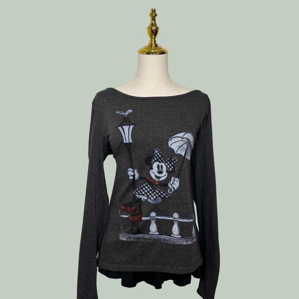 disney boutique minnie mouse gray long sleeve top red glitter chic coquette Y2K